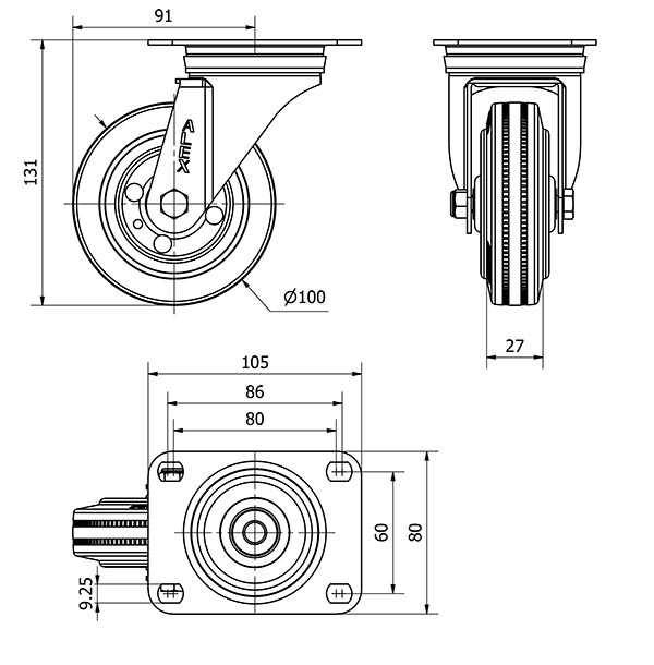 R.GIR.PLACA 10ZVL100-BSR METALICO-GOMA NEGRA EJE RODILLOS