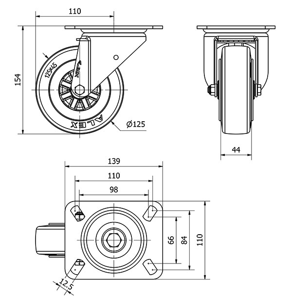 R.GIR.PLACA 10TVC125-TPGN NYLON NEGRO-GOMA NEGRA EJE LISO