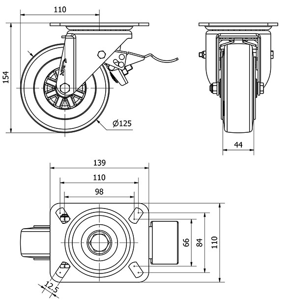 R.GIR.PLACA FRENO 10TVCFD125-TPGN NYLON NEGRO-GOMA NEGRA EJE LISO