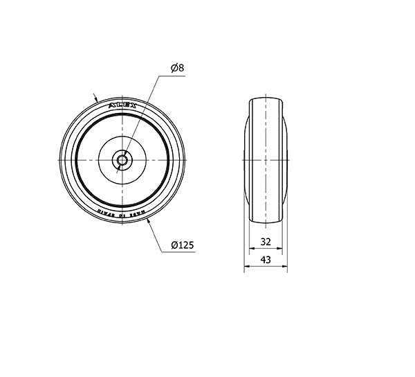 RUEDA PUISB125CP-8-43 NUCLEO POLIP.Y BANDA POLIUR.GRIS EJE BOLAS