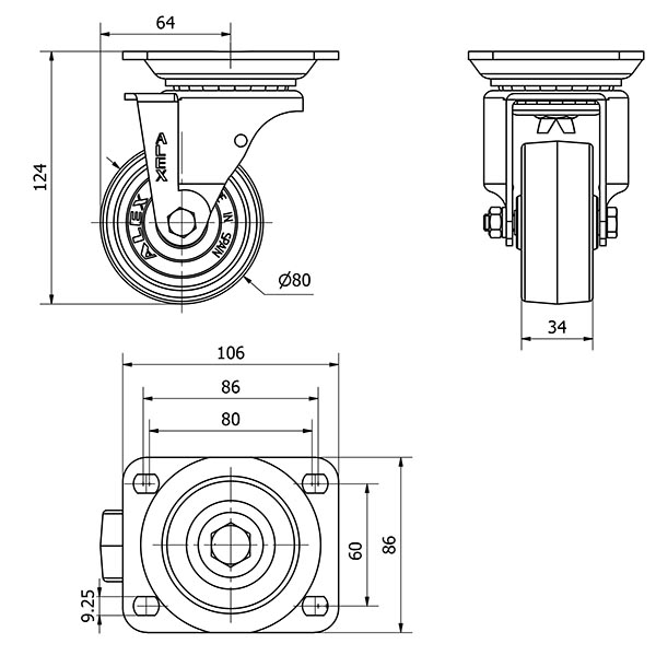 R.GIR.PLACA 10TV80-TT RESINA NEGRA EJE LISO