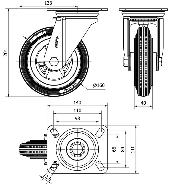 R.GIR.PLACA 10ZV160-PSR POLIAMIX-GOMA NEGRA EJE RODILLOS