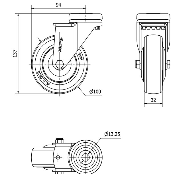 R.GIR.AGUJERO M12 20A100CP-PUISB POLIP.-POLIUR.GRIS EJE BOLAS