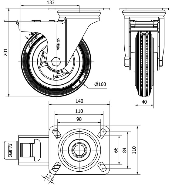 R.GIR.PLACA FRENO 10ZVFD160-PSR POLIAMIX-GOMA NEGRA EJE RODILLOS