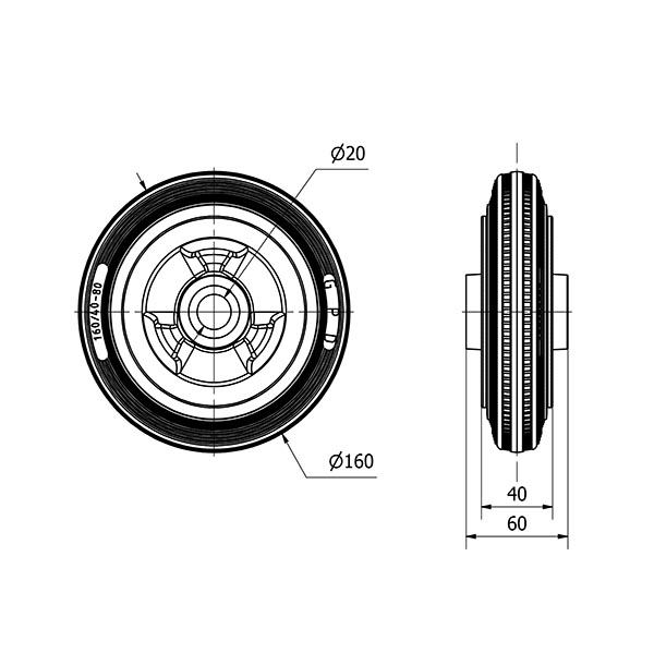 RUEDA PSR160-20-60 NUCLEO POLIAMIX Y BANDA GOMA NEGRA EJE RODILLOS