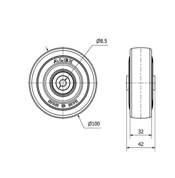 RUEDA PGASB100-8-40 NUCLEO POLIAMIX Y BANDA GOMA GRIS EJE BOLAS