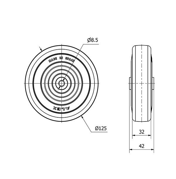 RUEDA PGASB125-8-40 NUCLEO POLIAMIX Y BANDA GOMA GRIS EJE BOLAS