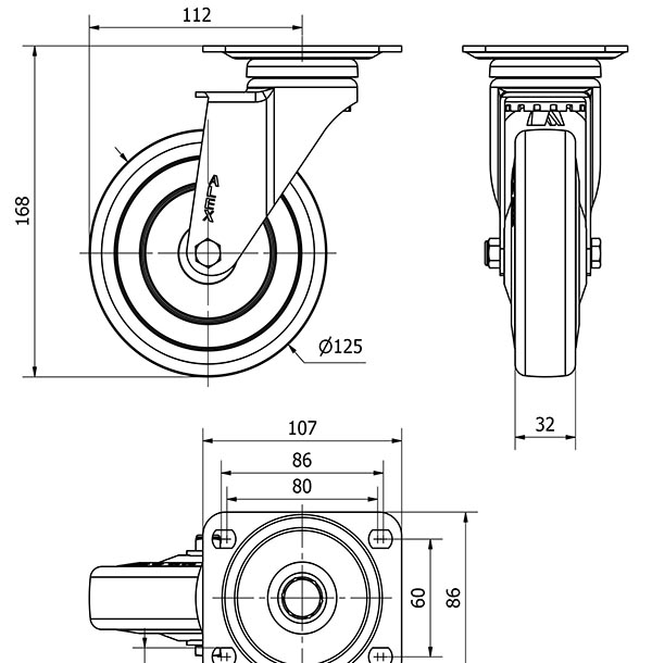 R.GIR.PLACA 10A125CP-PGASB POLIAMIX-GOMA GRIS EJE BOLAS