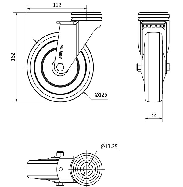 R.GIR.AGUJERO M12 20A125CP-PGASB POLIAMIX-GOMA GRIS EJE BOLAS