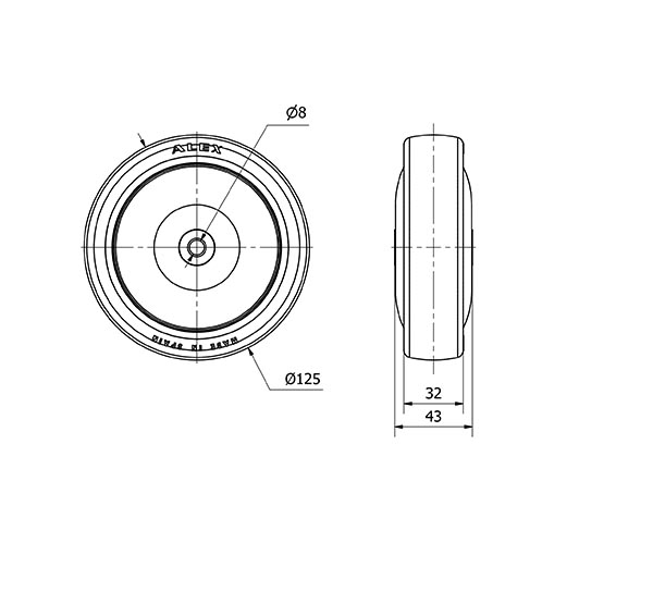 RUEDA PGAISB125CP-8-43 NUCLEO POLIAMIX Y BANDA GOMA GRIS EJE BOLAS