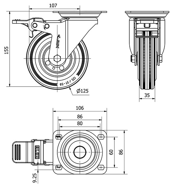 R.GIR.PLACA FRENO 10ZVFD125-BSR METALICO-GOMA NEGRA EJE RODILLOS
