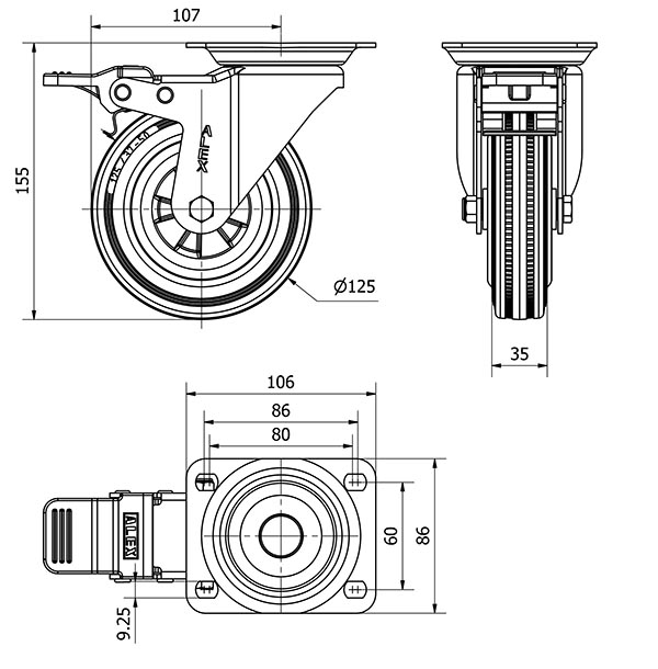 R.GIR.PLACA FRENO 10ZVFD125-PSN POLIAMIX-GOMA NEGRA EJE LISO