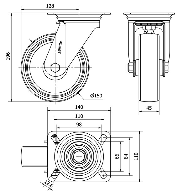 R.GIR.PLACA INOX.10ZVI150-UT POLIAMIX BLANCO EJE LISO