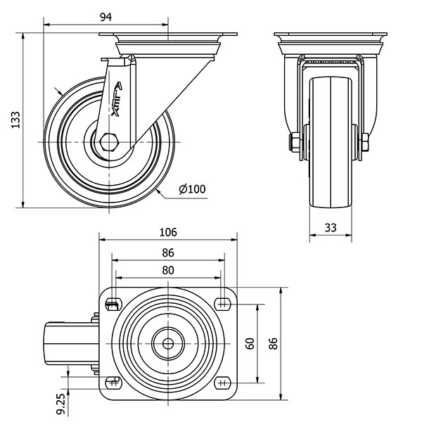 R.GIR.PLACA INOX.10ZVI100-PO NYLON BLANCO-POLIUR.ROJO EJE LISO
