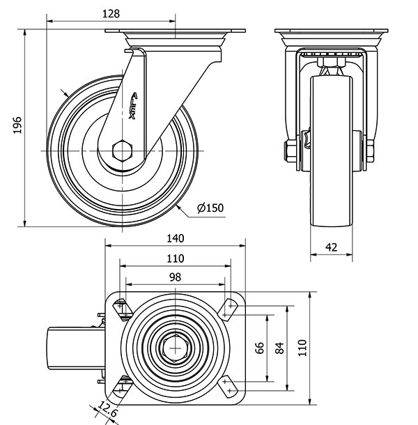 R.GIR.PLACA INOX.10ZVI150-PO NYLON BLANCO-POLIUR.ROJO EJE LISO