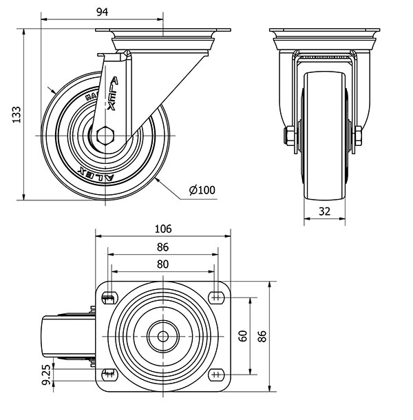 R.GIR.PLACA INOX.10ZVI100-PGAN POLIAMIX-GOMA GRIS EJE LISO