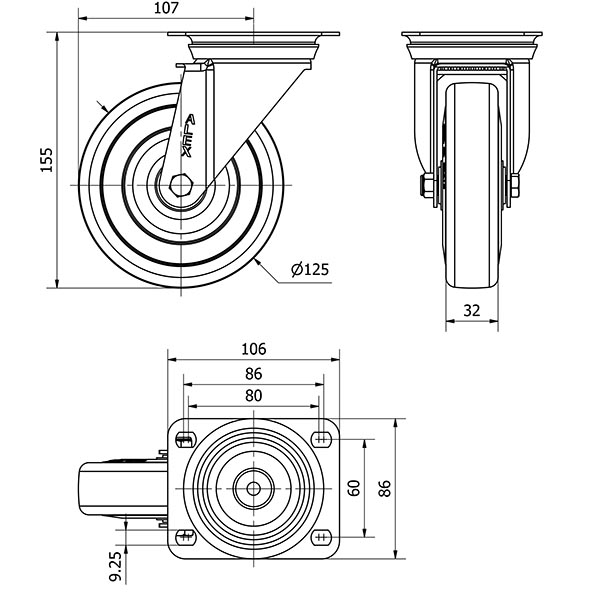 R.GIR.PLACA INOX.10ZVI125-PGAN POLIAMIX-GOMA GRIS EJE LISO