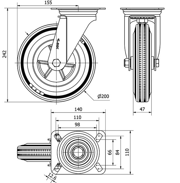 R.GIR.PLACA INOX.10ZVI200-PSN POLIAMIX-GOMA NEGRA EJE LISO