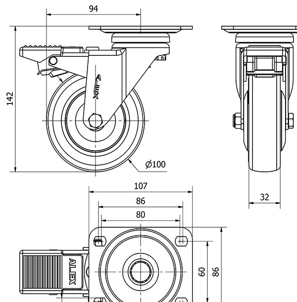 R.GIR.PLACA FRENO 10AFD100CP-PUISB POLIP.-POLIUR.GRIS EJE BOLAS