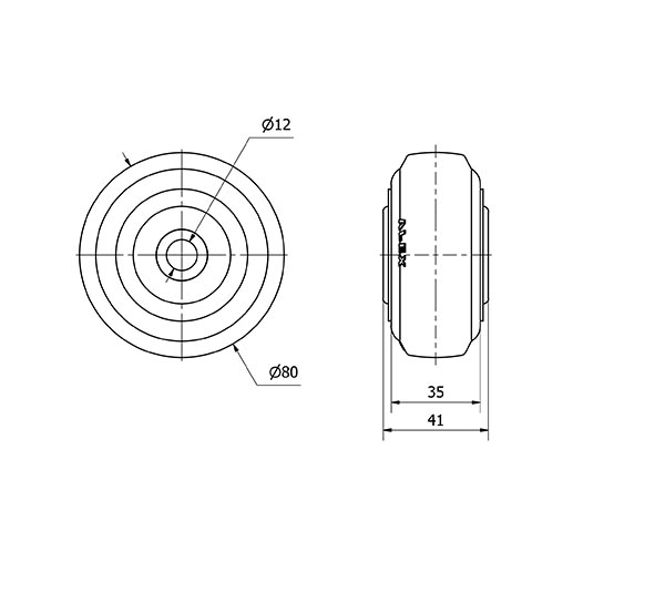 RUEDA TPGR80-12-40 NUCLEO NYLON NEGRO Y BANDA GOMA NEGRA RODILLOS