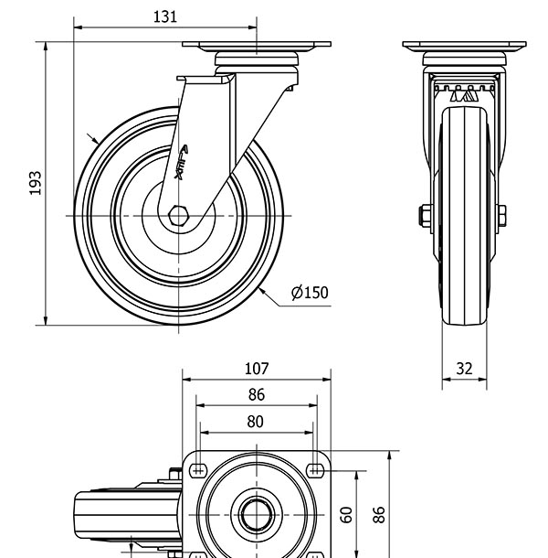 R.GIR.PLACA 10A150CP-PGASB POLIAMIX-GOMA GRIS EJE BOLAS