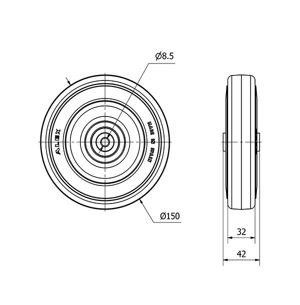 RUEDA PGASB150-8-40 NUCLEO POLIAMIX Y BANDA GOMA GRIS EJE BOLAS