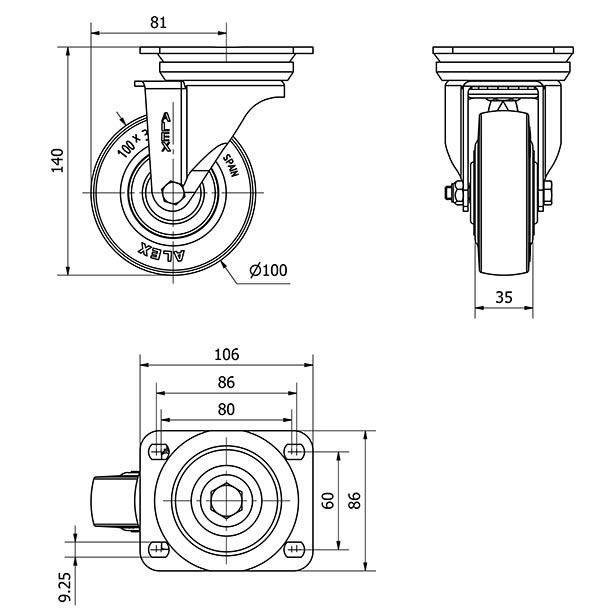 R.GIR.PLACA 10TV100-TPGR NYLON NEGRO-GOMA NEGRA EJE RODILLOS