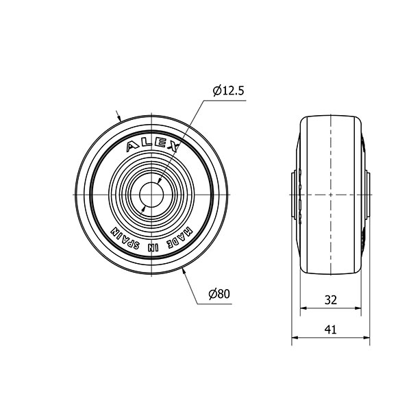 RUEDA PGAN80-12-40 NUCLEO POLIAMIX Y BANDA GOMA GRIS EJE LISO