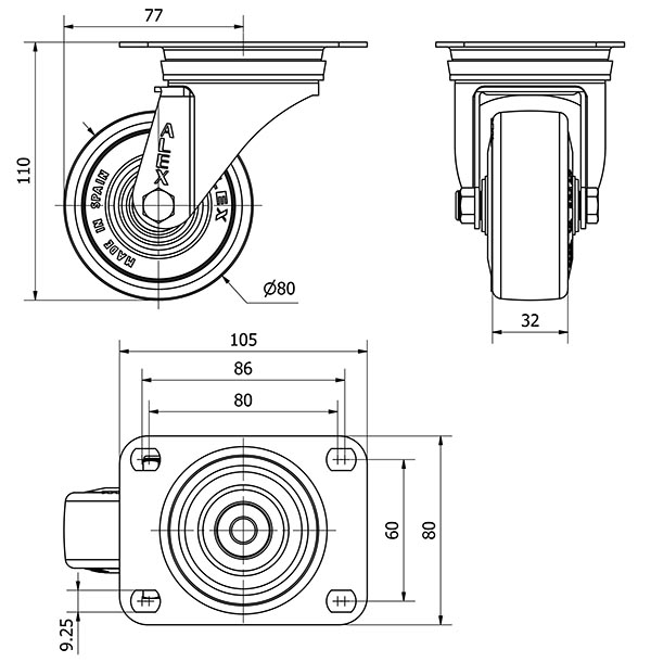 R.GIR.PLACA INOX.10ZVLI80-PGAN POLIAMIX-GOMA GRIS EJE LISO