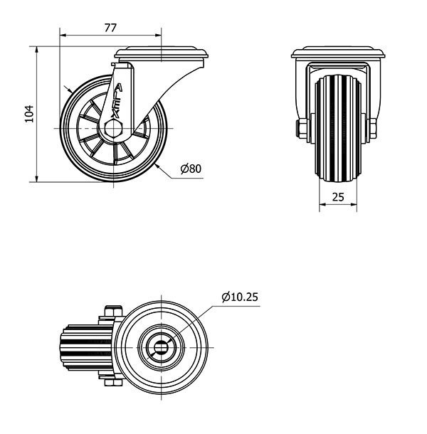 R.GIR.AGUJERO M10 20ZVL80-PSN POLIAMIX-GOMA NEGRA EJE LISO