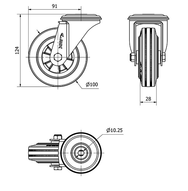 R.GIR.AGUJERO M10 20ZVL100-PSN POLIAMIX-GOMA NEGRA EJE LISO
