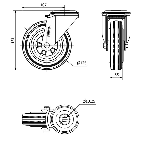 R.GIR.AGUJERO M12 20ZV125-PSN POLIAMIX-GOMA NEGRA EJE LISO