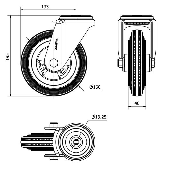 R.GIR.AGUJERO M12 20ZV160-PSR POLIAMIX-GOMA NEGRA EJE RODILLOS