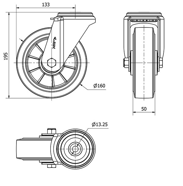 R.GIR.AGUJERO M12 20ZV160-DEB ALUMINIO-GOMA NEGRA ELASTICA EJE BOLAS