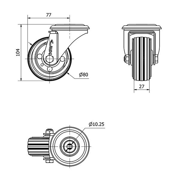 R.GIR.AGUJERO M10 20ZVL80-BSR METALICO-GOMA NEGRA RODILLOS