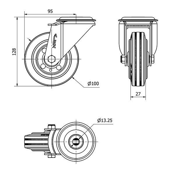 R.GIR.AGUJERO M12 20ZV100-BSR METALICO-GOMA NEGRA EJE RODILLOS