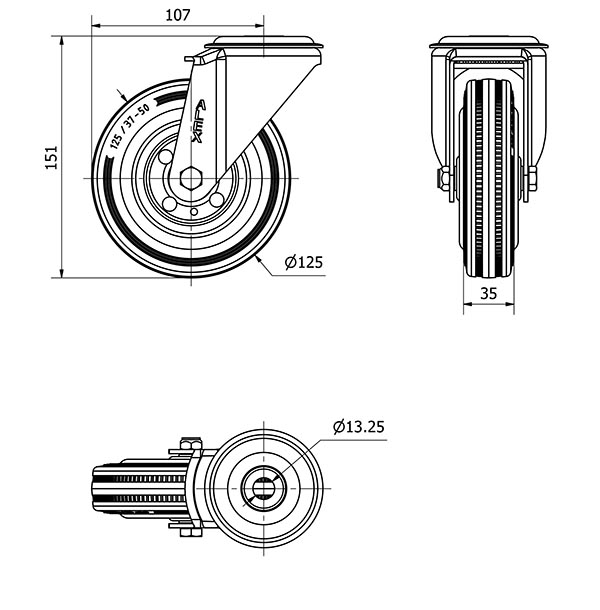 R.GIR.AGUJERO M12 20ZV125-BSR METALICO-GOMA NEGRA EJE RODILLOS