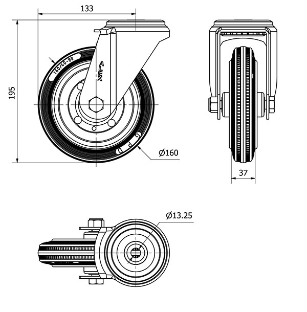 R.GIR.AGUJERO M12 20ZV160-BSR METALICO-GOMA NEGRA EJE RODILLOS