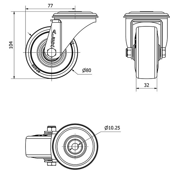 R.GIR.AGUJERO M10 INOX.20ZVLI80-PGAN POLIAMIX-GOMA GRIS EJE LISO