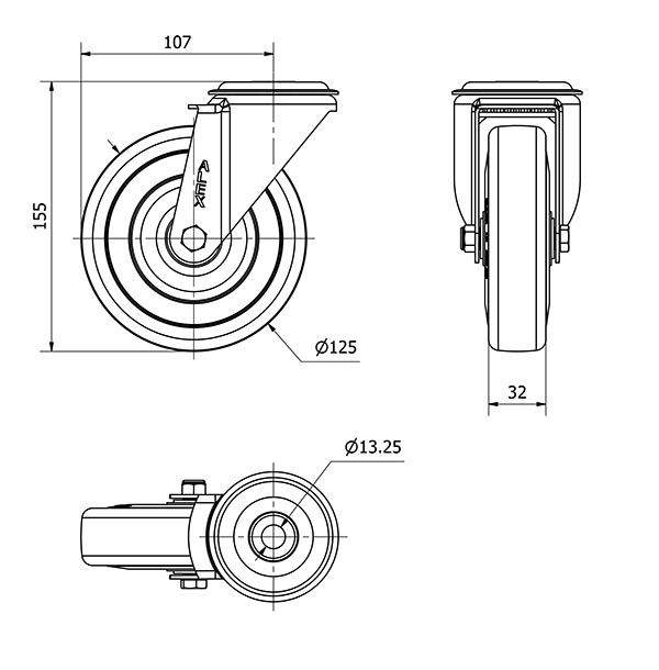 R.GIR.AGUJERO M12 INOX.20ZVI125-PGAN POLIAMIX-GOMA GRIS EJE LISO