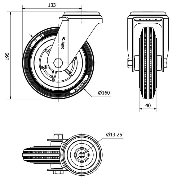 R.GIR.AGUJERO M12 INOX.20ZVI160-PSN POLIAMIX-GOMA NEGRA EJE LISO
