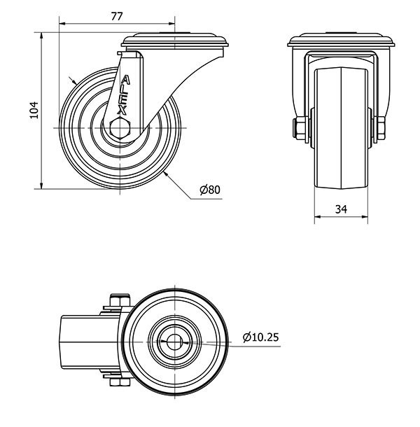 R.GIR.AGUJERO M10 INOX.20ZVLI80-TT RESINA NEGRA EJE LISO