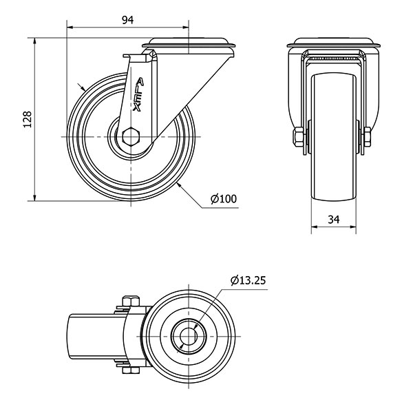 R.GIR.AGUJERO M12 INOX.20ZVI100-TT RESINA NEGRA EJE LISO