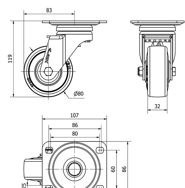 R.GIR.PLACA 10A80CP-PGASB POLIAMIX-GOMA GRIS EJE BOLAS
