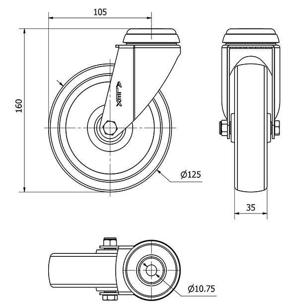 R.GIR.AGUJERO M10 20BHA125-UT POLIAMIX BLANCO EJE LISO