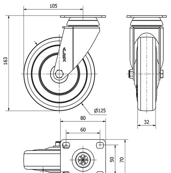 R.GIR.PLACA 10BHA125CP-PGAN POLIAMIX-GOMA GRIS EJE LISO