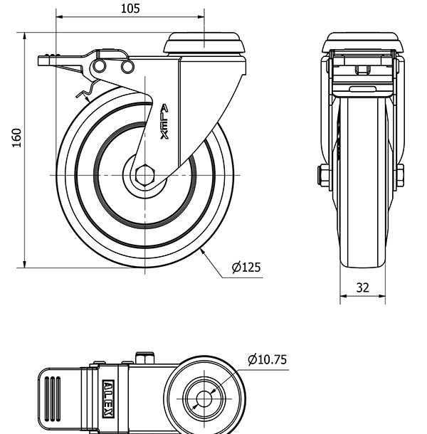 R.GIR.AGUJERO M10 20BHA125CP-PGAN POLIAMIX-GOMA GRIS EJE LISO