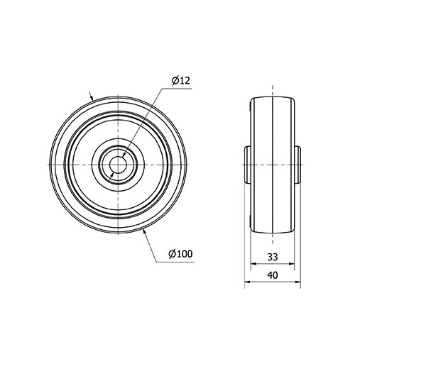 RUEDA PO100-12-40 NUCLEO NYLON BLANCO Y BANDA POLIUR.ROJO EJE LISO
