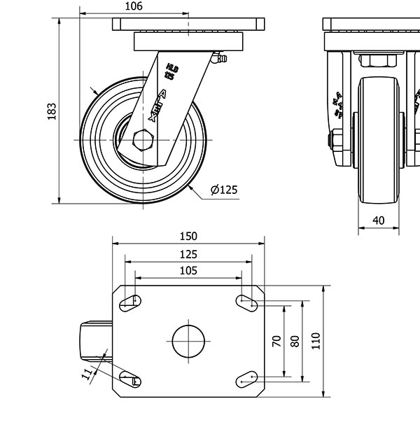 R.GIR.PLACA 10HLB125-DEB ALUMINIO-GOMA NEGRA ELASTICA EJE BOLAS