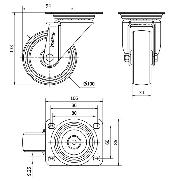 R.GIR.PLACA INOX.10ZVI100-TT RESINA NEGRA EJE LISO